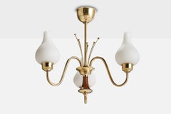 Swedish Designer, Chandelier, Brass, Wood, Glass, Sweden, 1950s