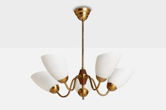 Schwedischer Designer, Kronleuchter, Messing, Holz, Glas, Schweden, 1950er Jahre