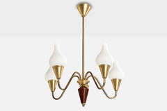 Swedish Designer, Chandelier, Brass, Wood, Glass, Sweden, 1950s