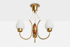 Swedish Designer, Chandelier, Brass, Wood, Glass, Sweden, 1950s