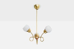 Swedish Designer, Chandelier, Brass, Wood, Glass, Sweden, 1950s