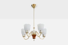 Swedish Designer, Chandelier, Brass, Wood, Glass, Sweden, 1950s