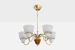 Swedish Designer, Chandelier, Brass, Wood, Glass, Sweden, 1950s