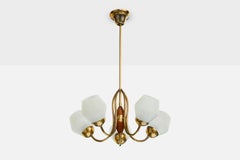Swedish Designer, Chandelier, Brass, Wood, Glass, Sweden, 1950s