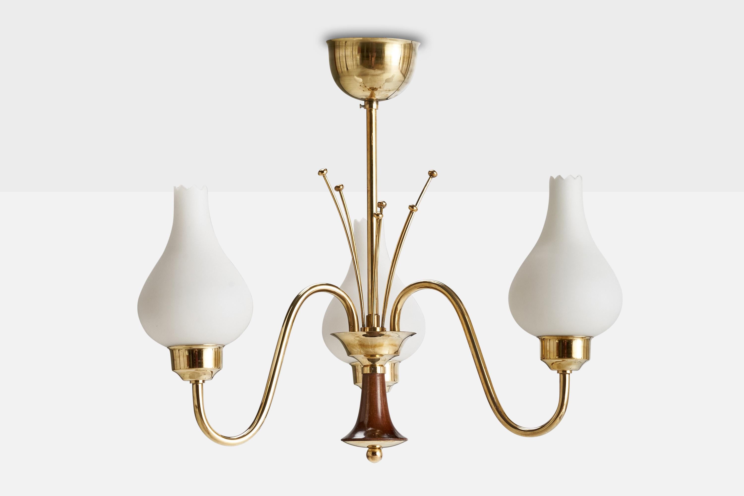 Mid-Century Modern Swedish Designer, Chandelier, Brass, Wood, Glass, Sweden, 1950s For Sale