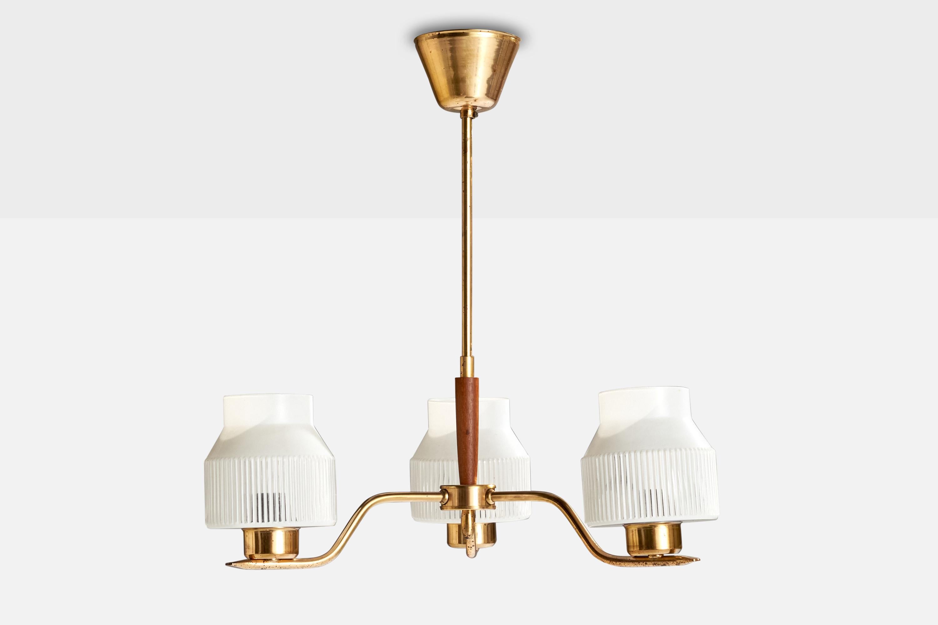 Scandinavian Modern Swedish Designer, Chandelier, Brass, Wood, Glass, Sweden, 1950s For Sale