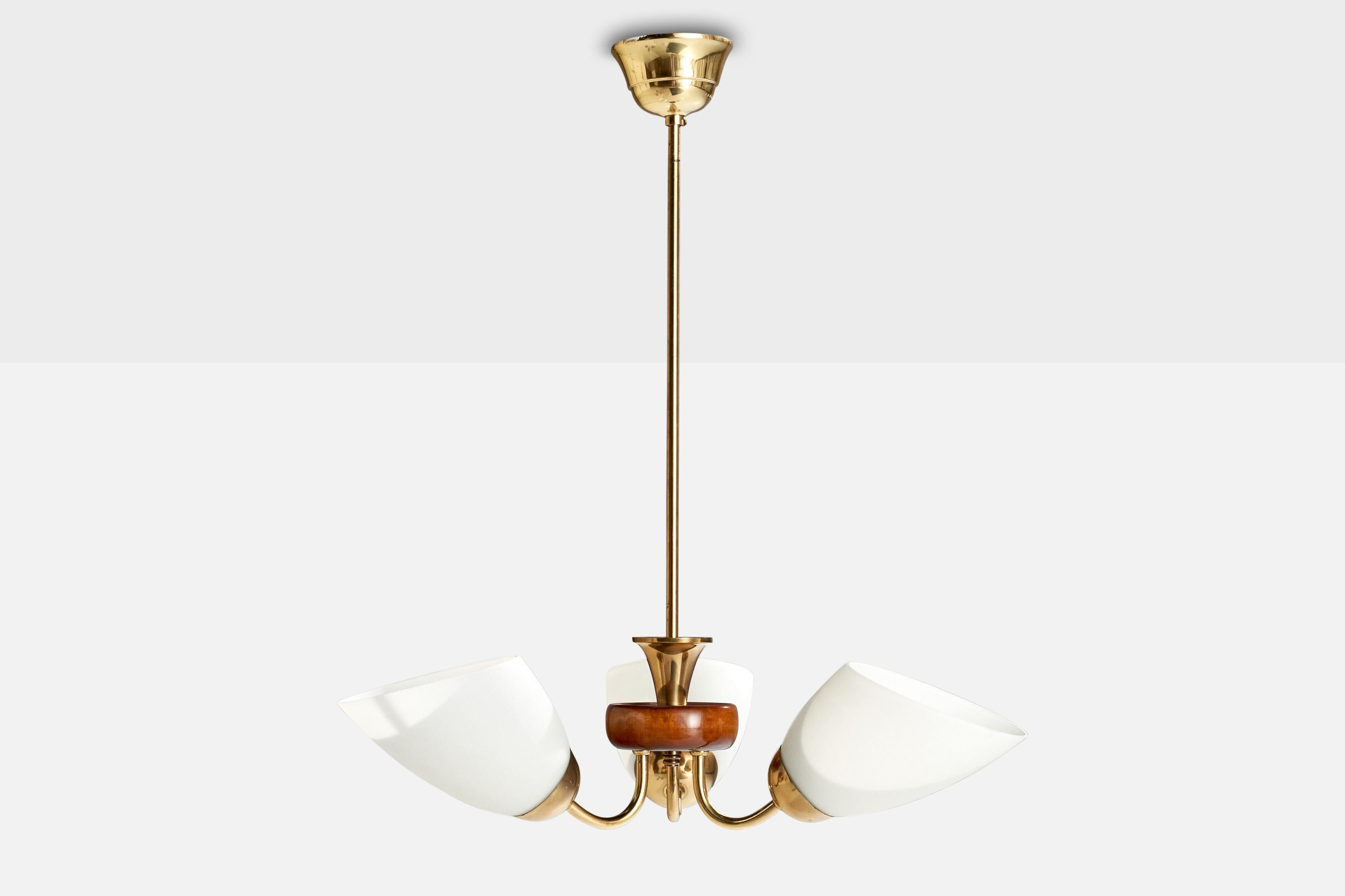 Scandinavian Modern Swedish Designer, Chandelier, Brass, Wood, Glass, Sweden, 1950s For Sale