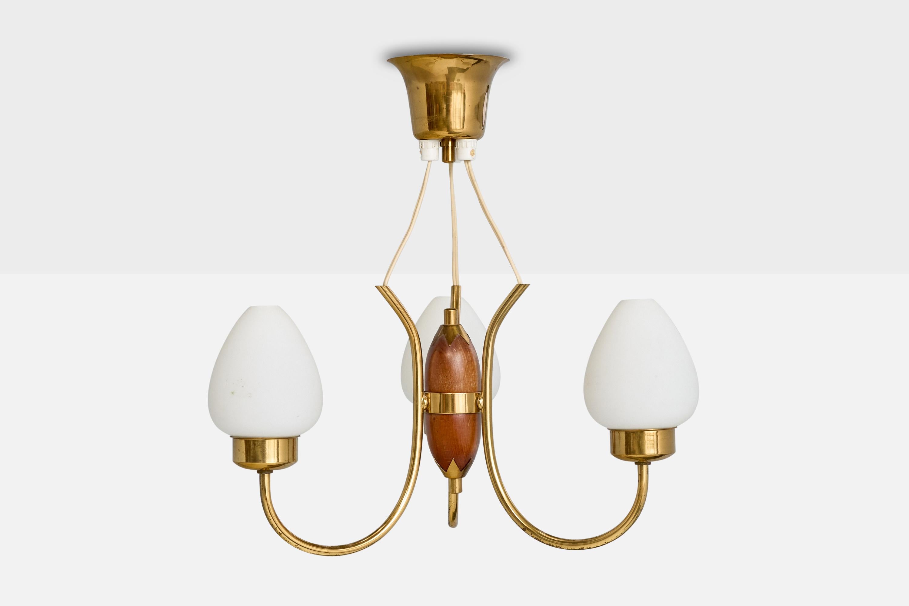 Swedish Designer, Chandelier, Brass, Wood, Glass, Sweden, 1950s In Good Condition For Sale In High Point, NC