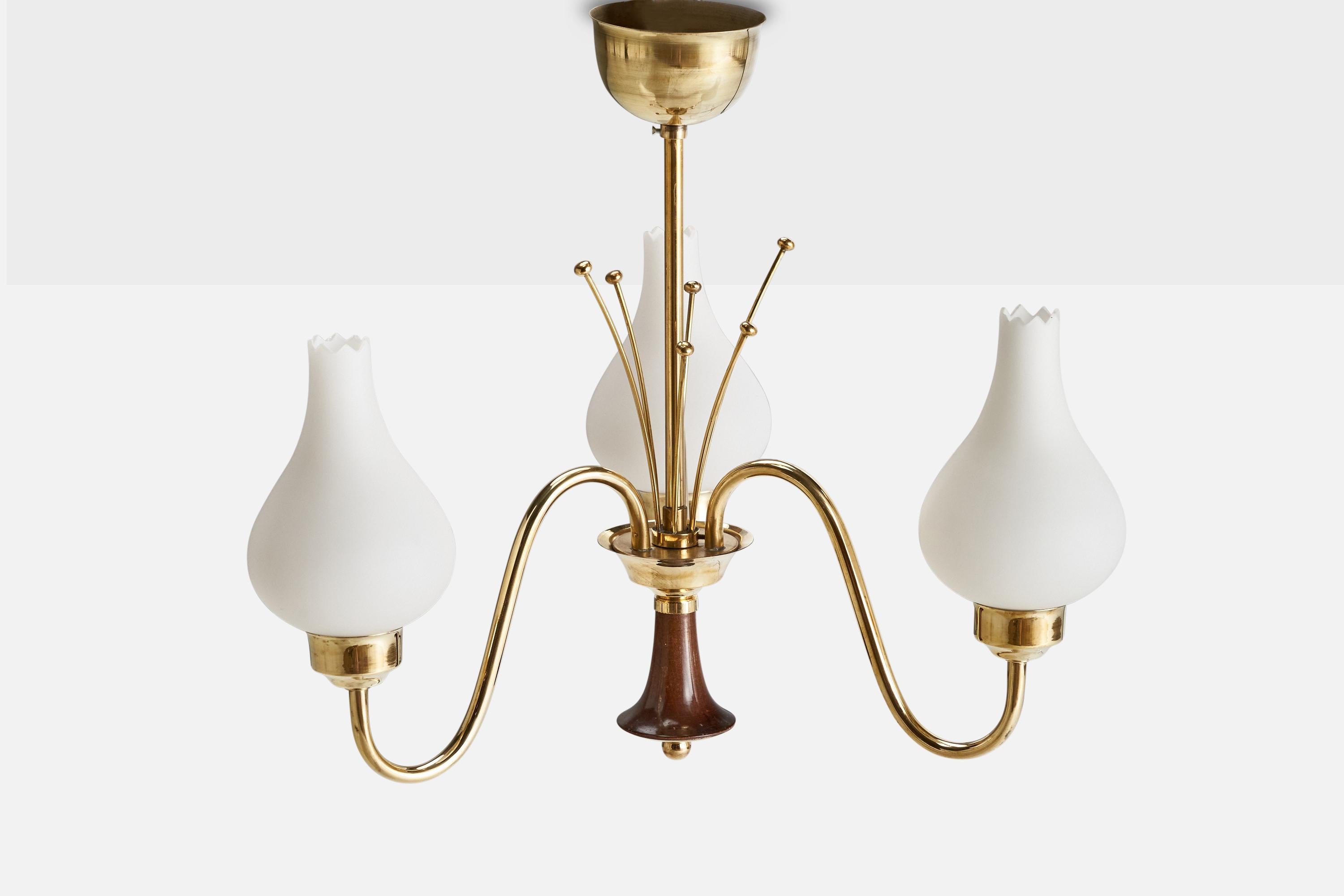 Swedish Designer, Chandelier, Brass, Wood, Glass, Sweden, 1950s In Good Condition For Sale In High Point, NC