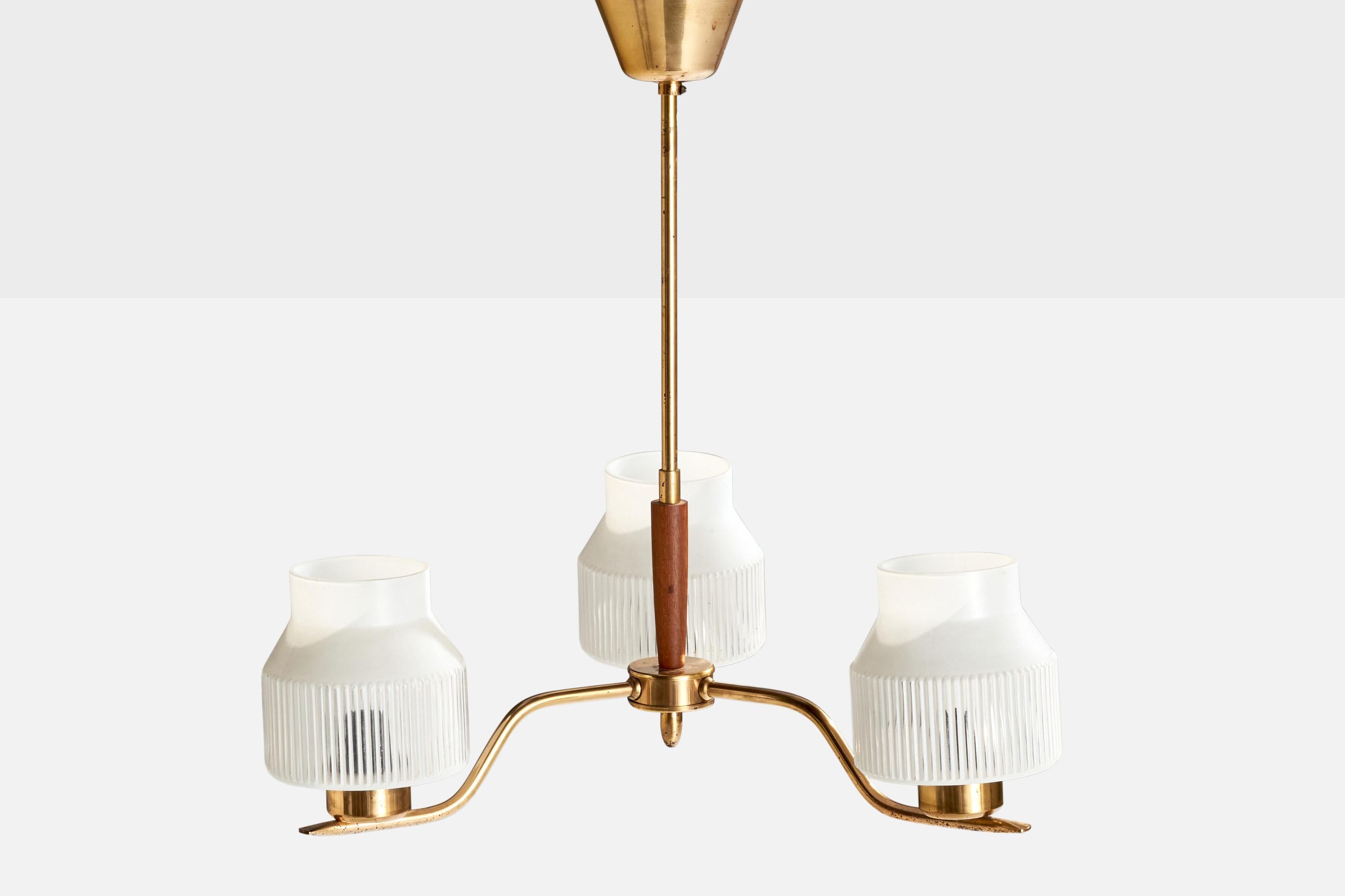 Swedish Designer, Chandelier, Brass, Wood, Glass, Sweden, 1950s In Good Condition For Sale In High Point, NC