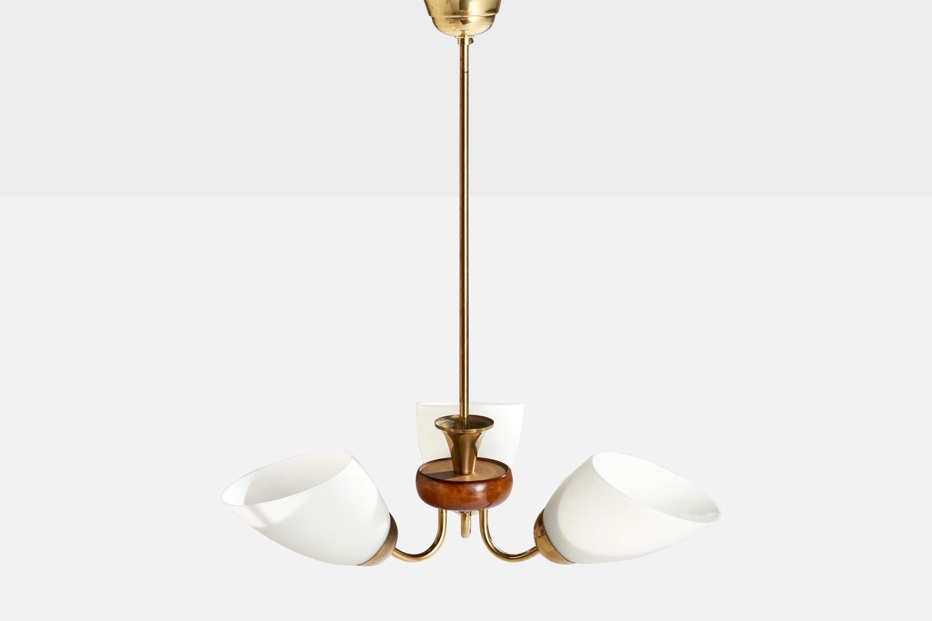 Swedish Designer, Chandelier, Brass, Wood, Glass, Sweden, 1950s In Good Condition For Sale In High Point, NC