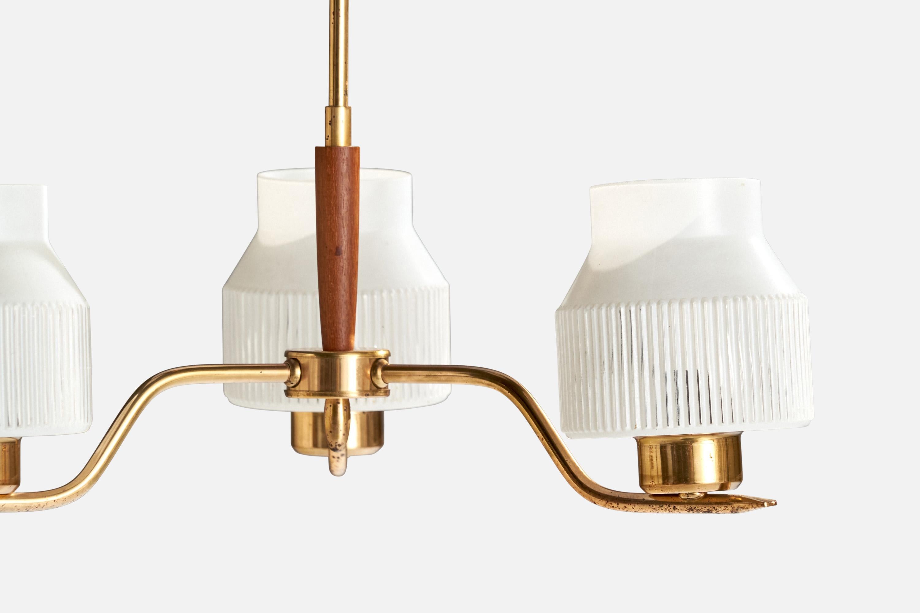Mid-20th Century Swedish Designer, Chandelier, Brass, Wood, Glass, Sweden, 1950s For Sale