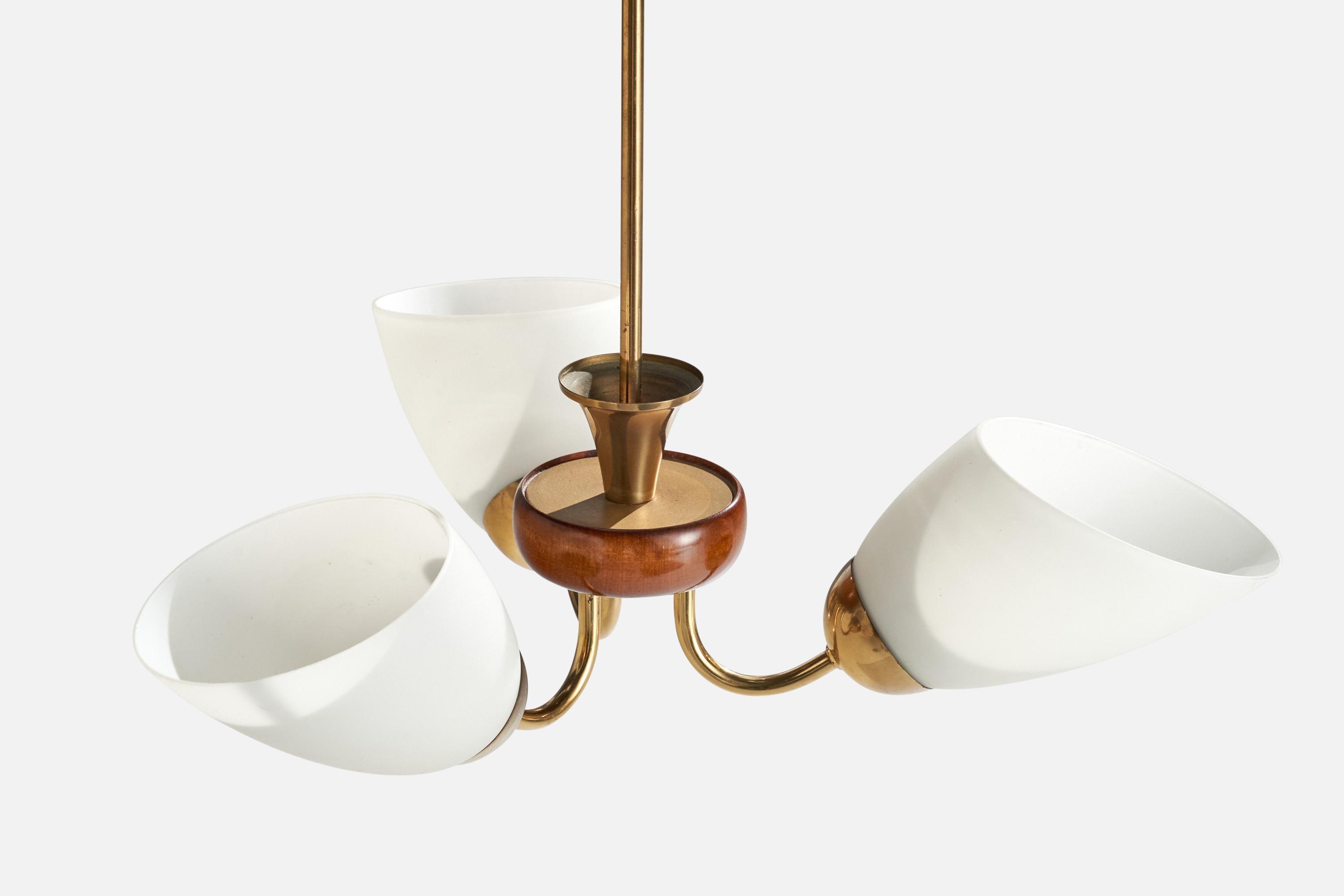 Mid-20th Century Swedish Designer, Chandelier, Brass, Wood, Glass, Sweden, 1950s For Sale