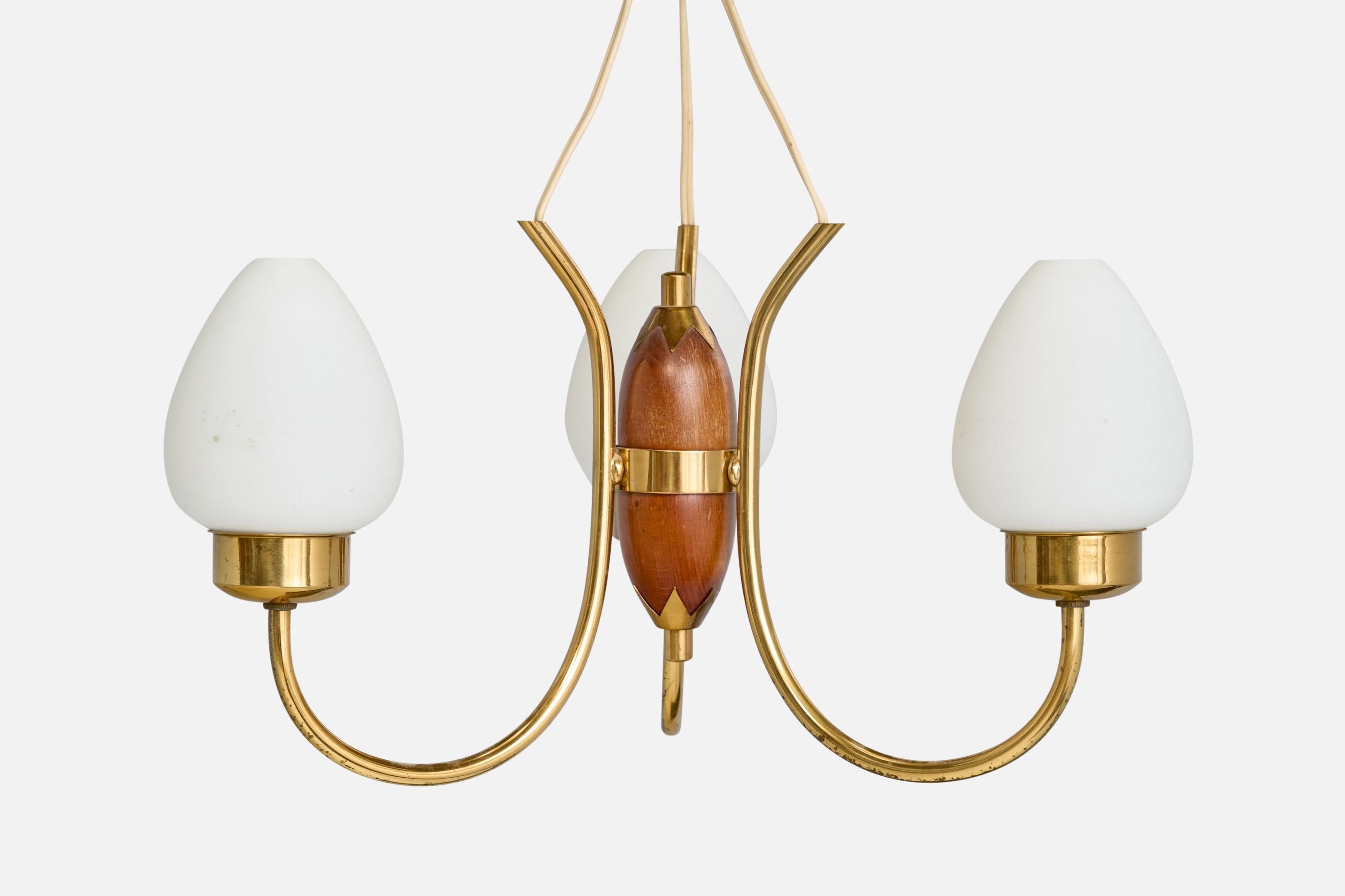 Swedish Designer, Chandelier, Brass, Wood, Glass, Sweden, 1950s For Sale 1
