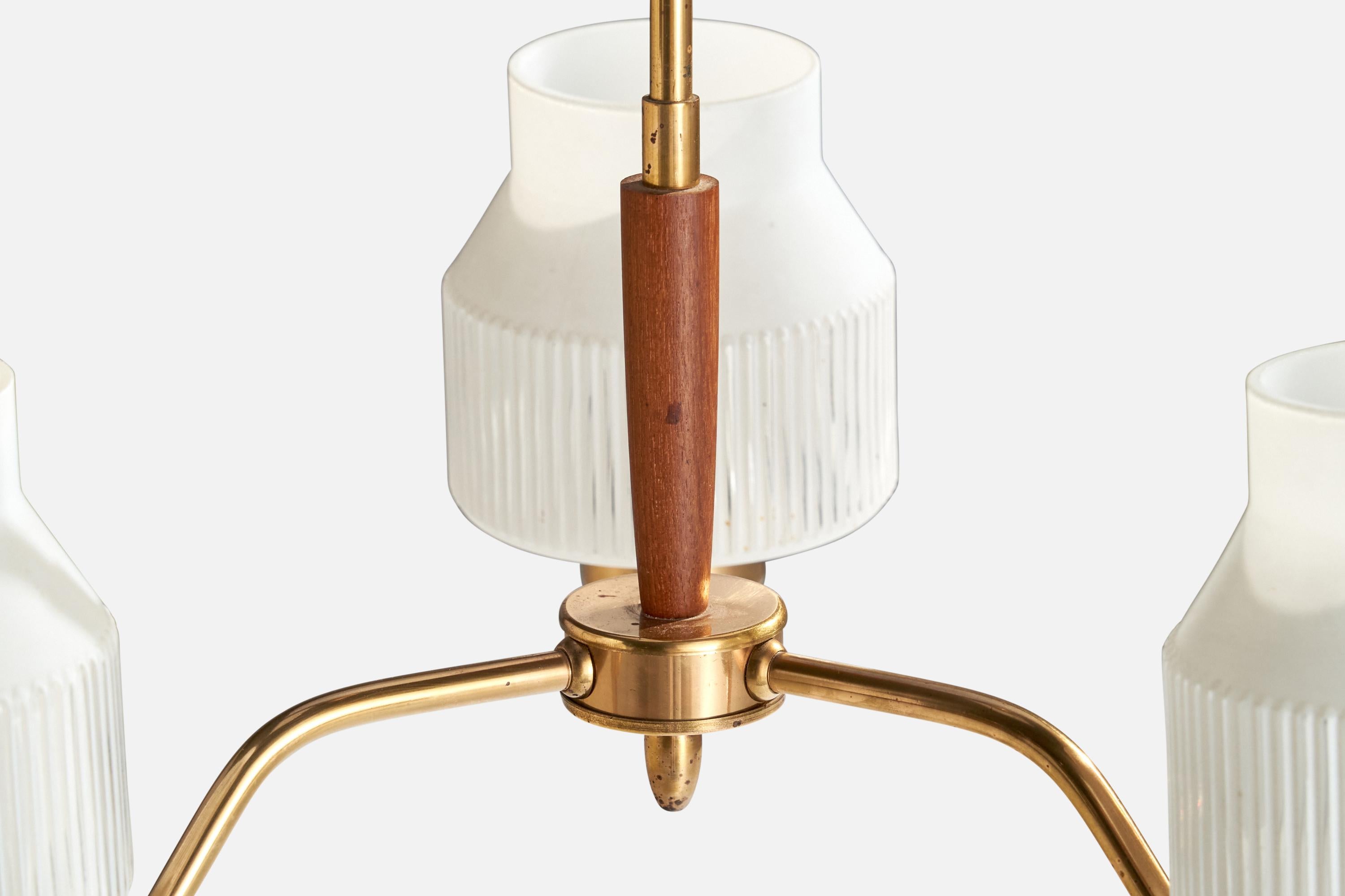 Swedish Designer, Chandelier, Brass, Wood, Glass, Sweden, 1950s For Sale 1