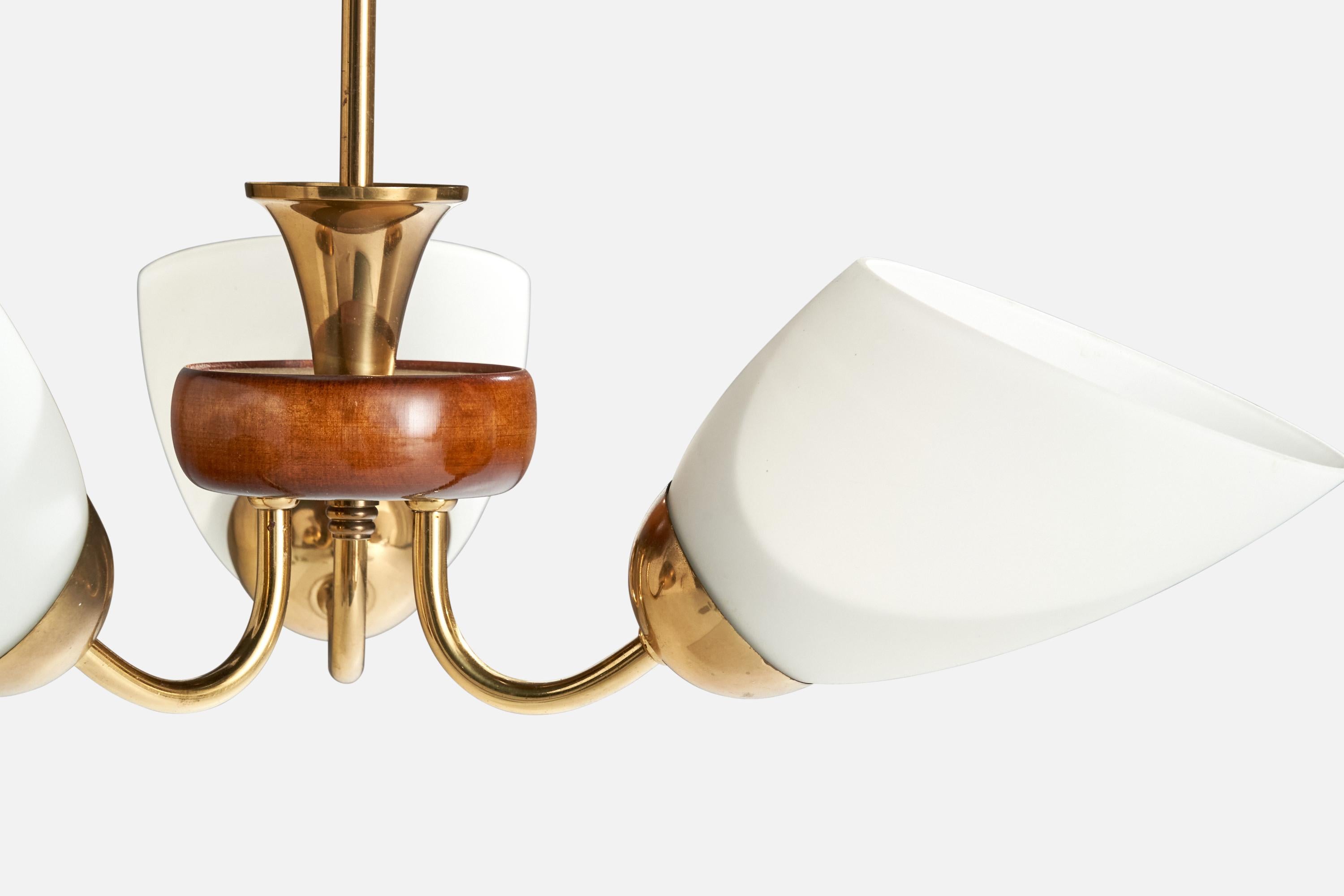 Swedish Designer, Chandelier, Brass, Wood, Glass, Sweden, 1950s For Sale 1