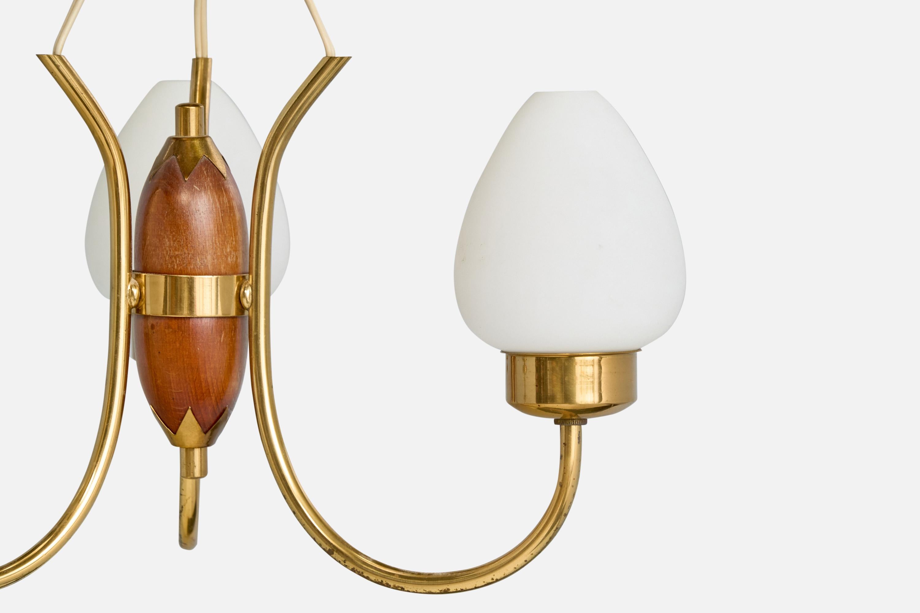 Swedish Designer, Chandelier, Brass, Wood, Glass, Sweden, 1950s For Sale 2