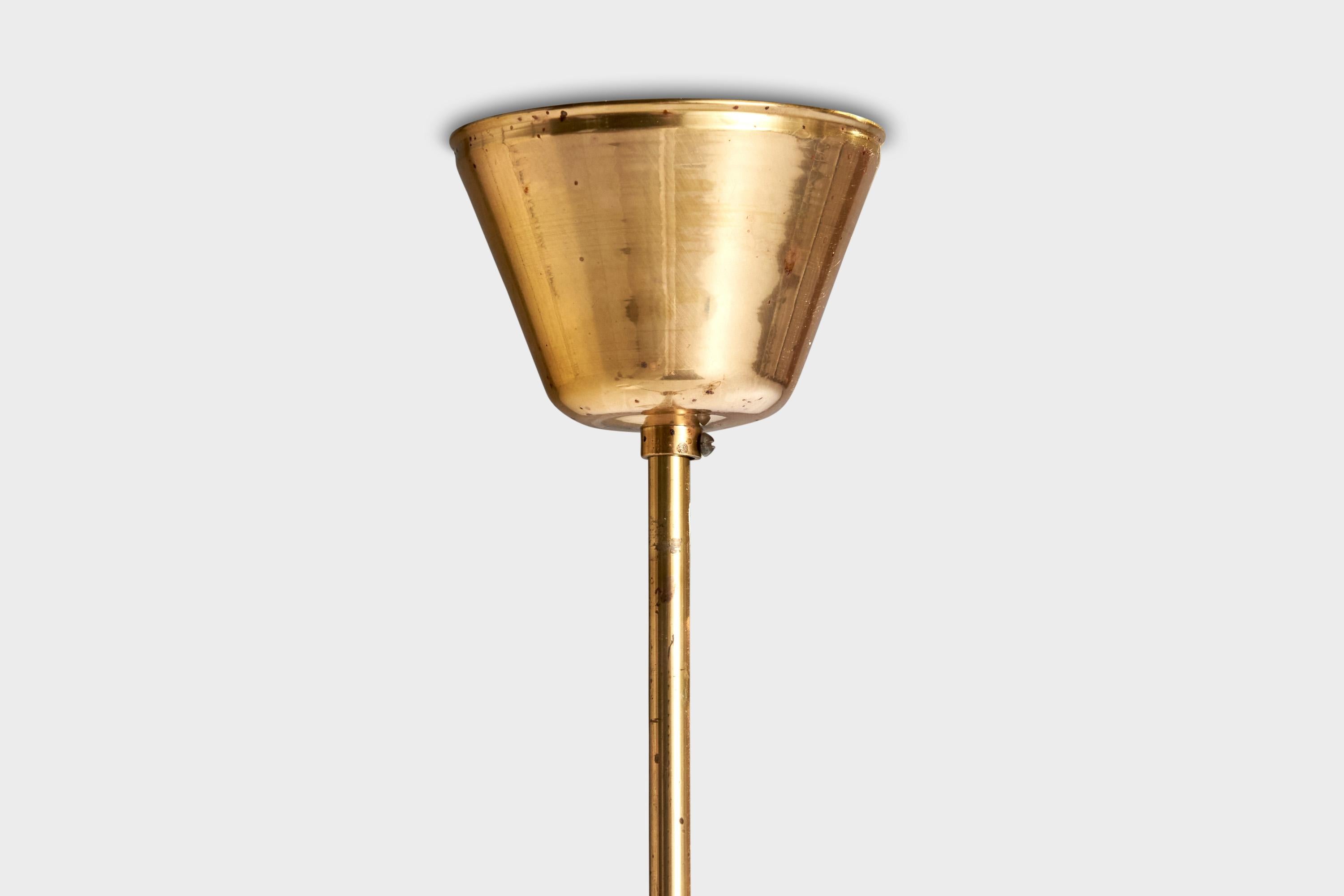 Swedish Designer, Chandelier, Brass, Wood, Glass, Sweden, 1950s For Sale 2