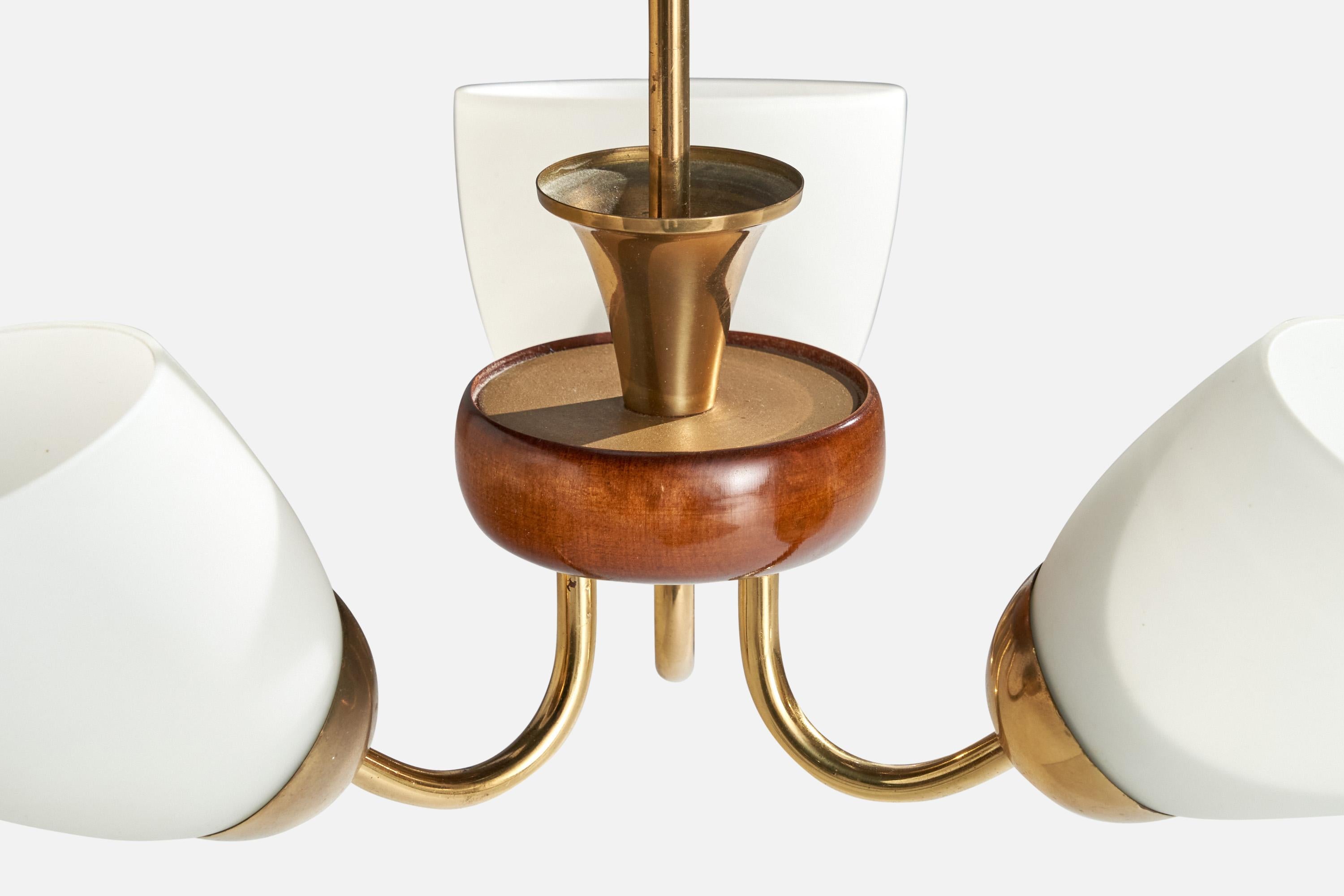 Swedish Designer, Chandelier, Brass, Wood, Glass, Sweden, 1950s For Sale 2