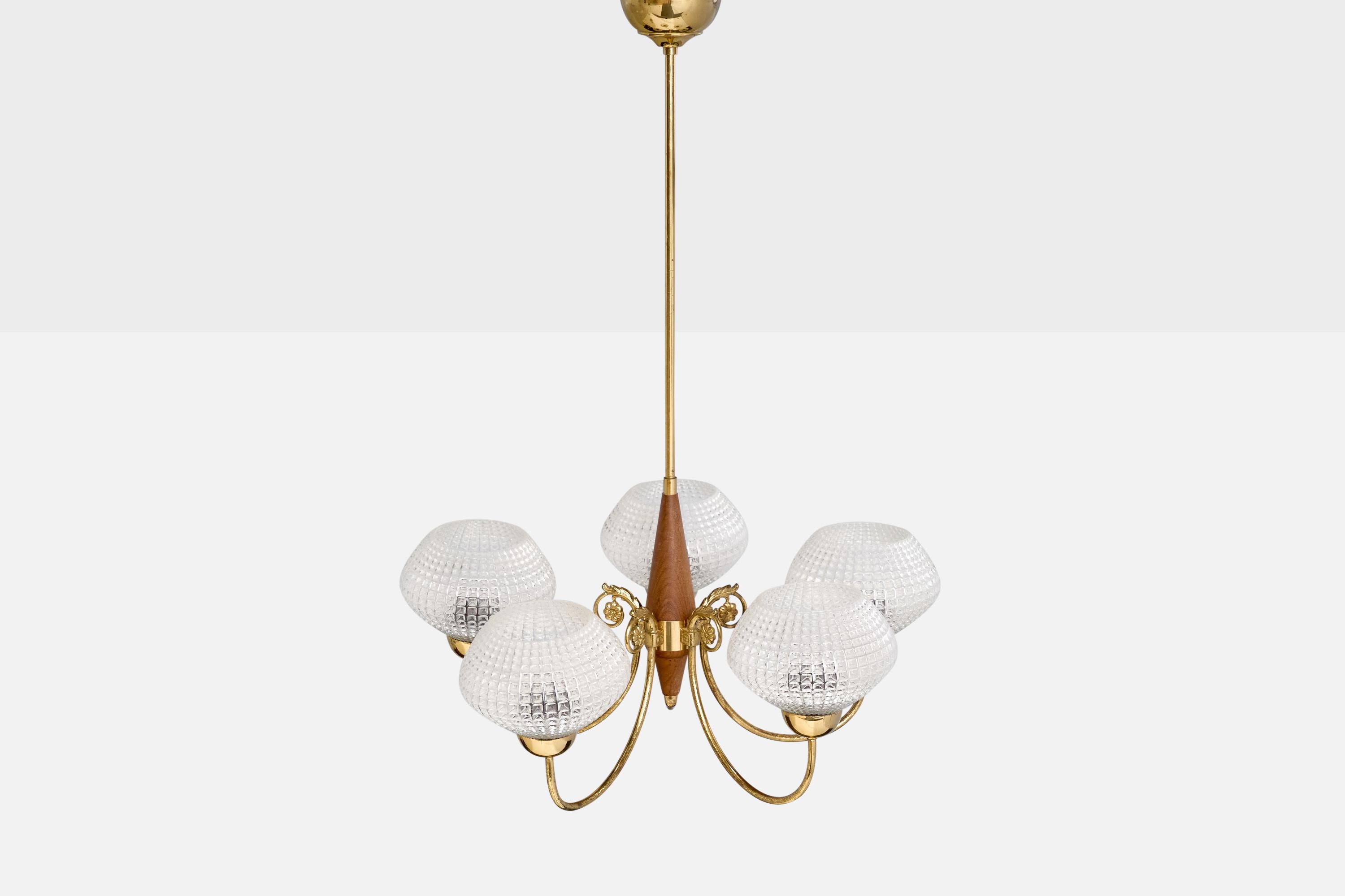 Designer suédois, lustre, laiton, bois, verre, Suède, années 1950 en vente 1