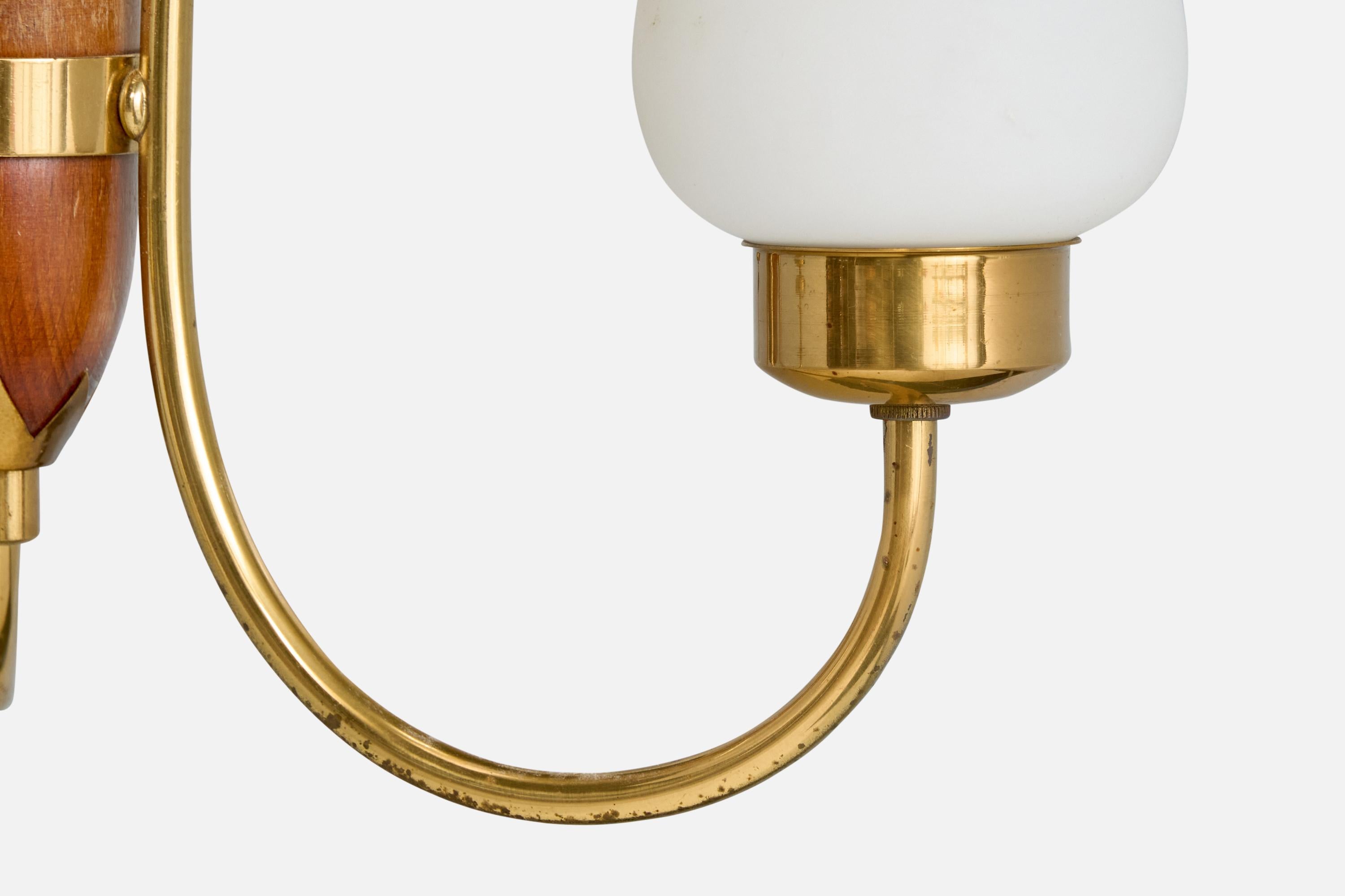 Swedish Designer, Chandelier, Brass, Wood, Glass, Sweden, 1950s For Sale 3