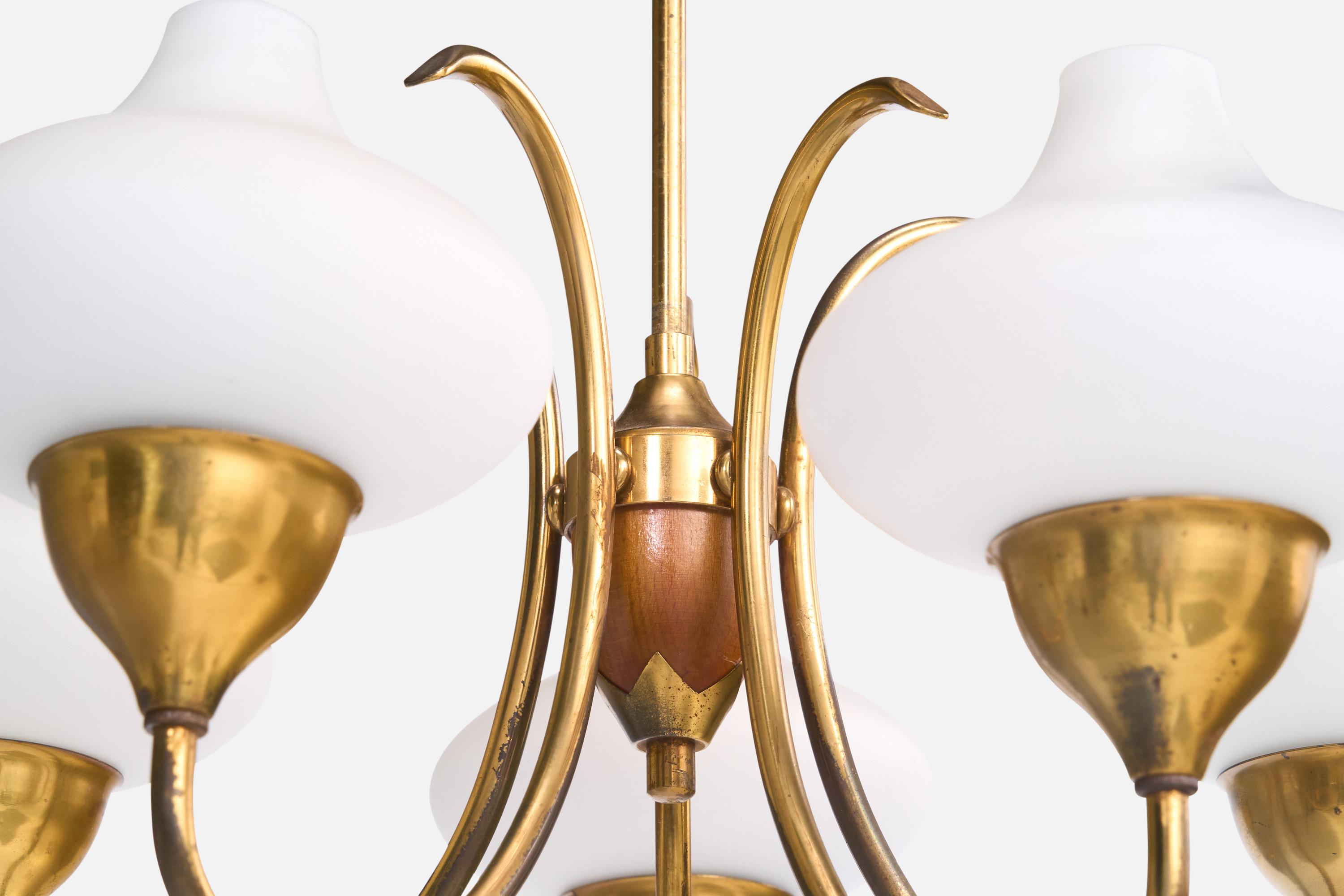 Schwedischer Designer, Kronleuchter, Messing, Holz, Glas, Schweden, 1950er Jahre im Angebot 3