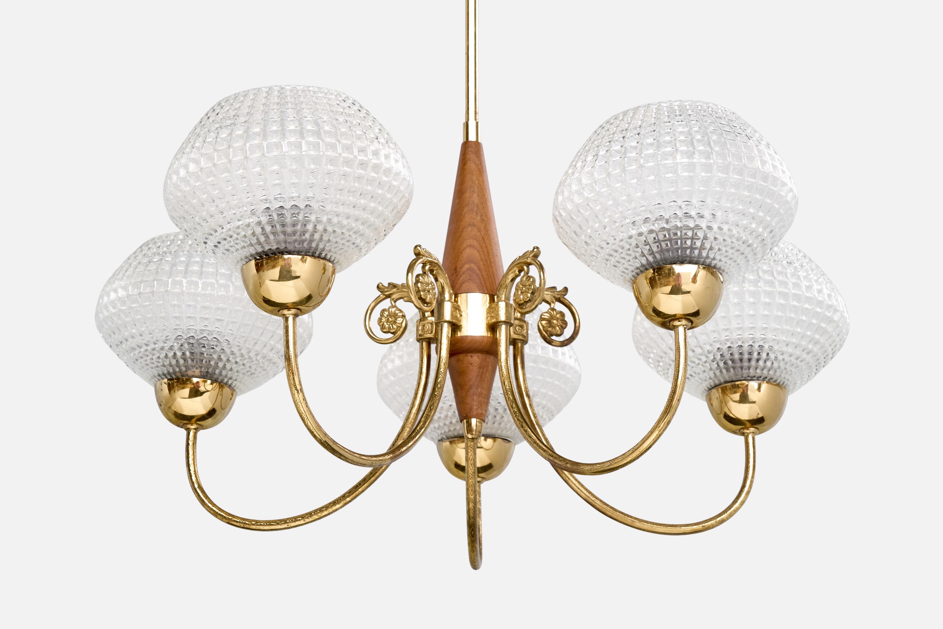 Designer suédois, lustre, laiton, bois, verre, Suède, années 1950 en vente 2