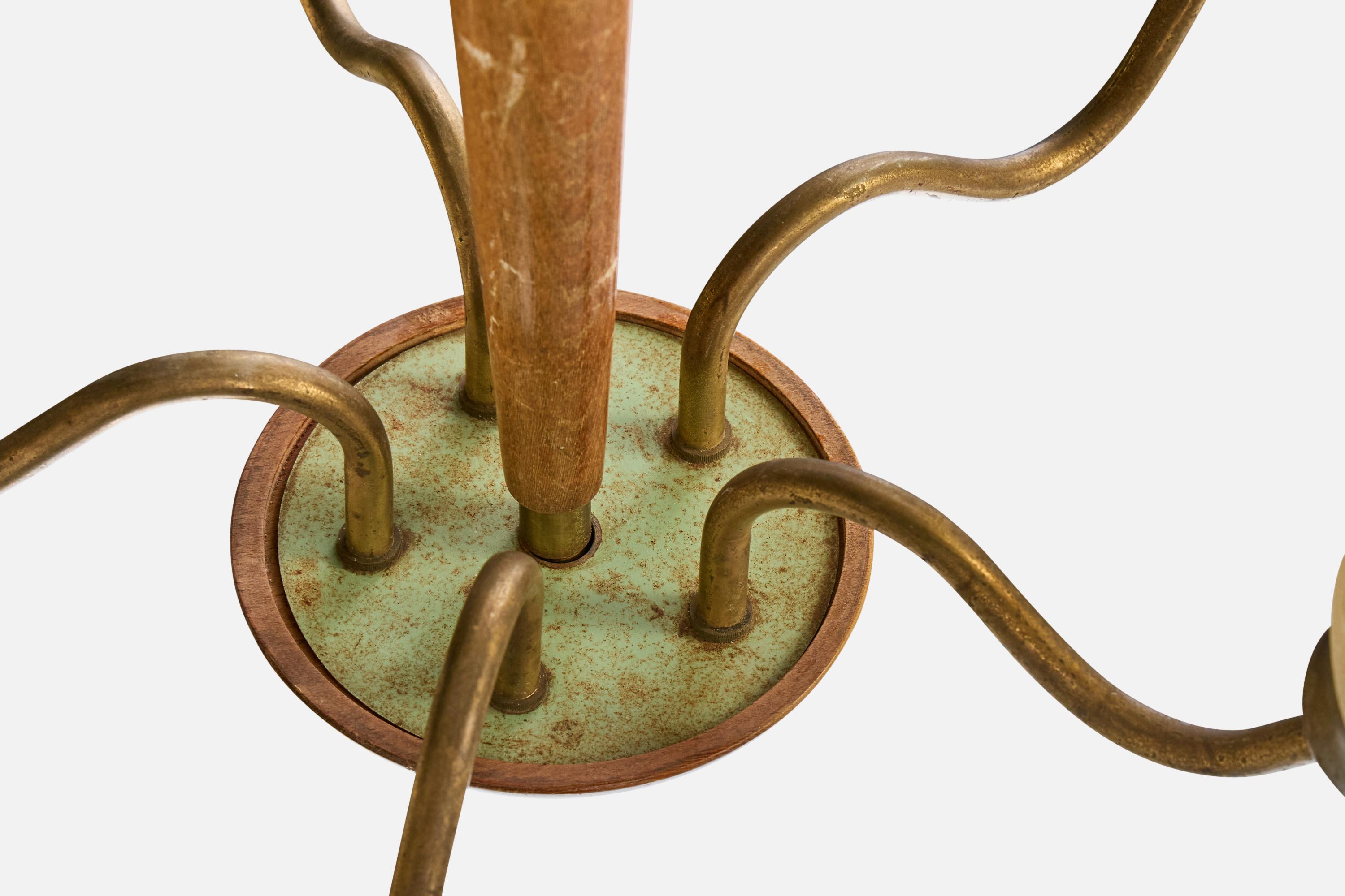 Designer suédois, lustre, laiton, bois, verre, Suède, années 1950 en vente 1