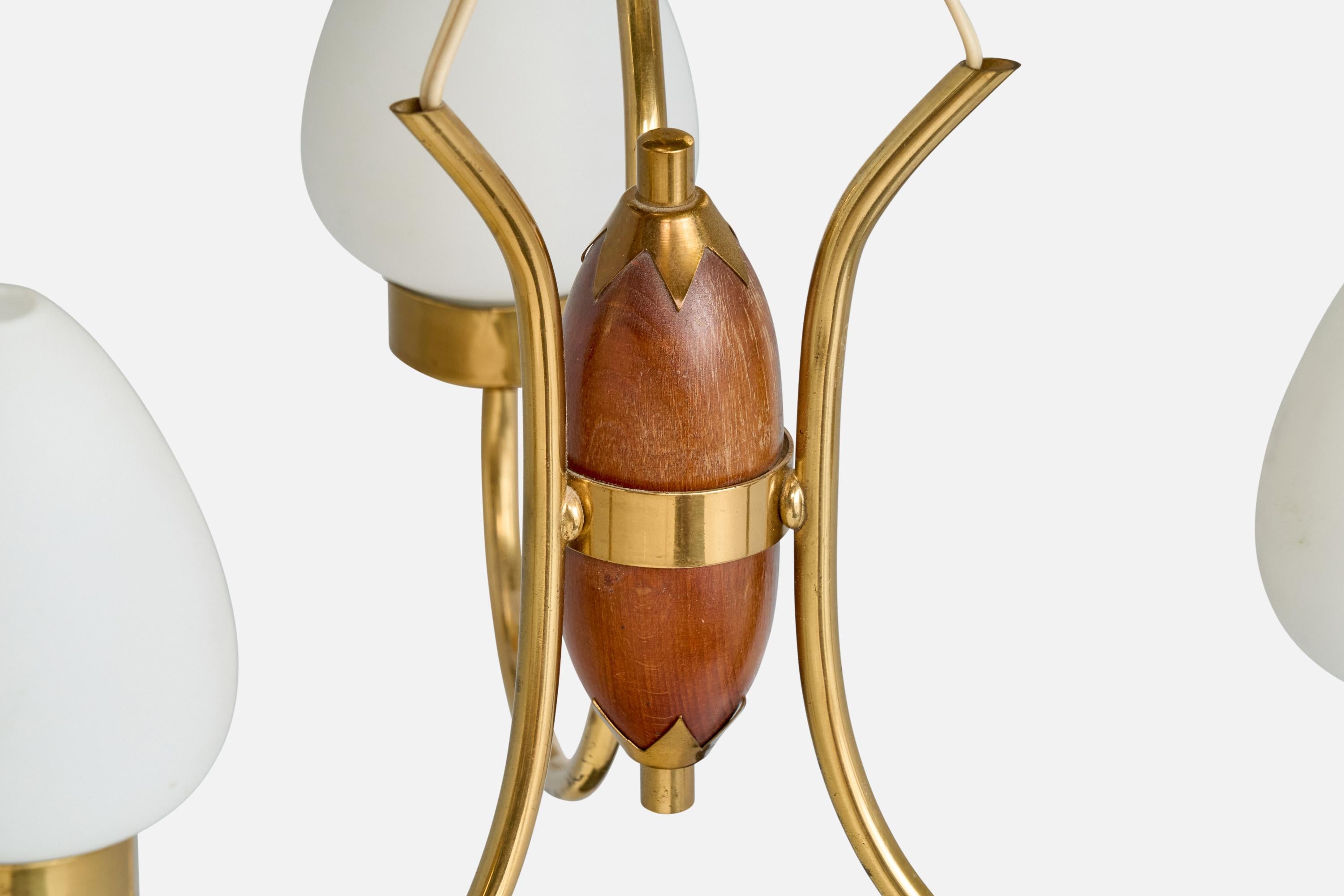 Swedish Designer, Chandelier, Brass, Wood, Glass, Sweden, 1950s For Sale 5