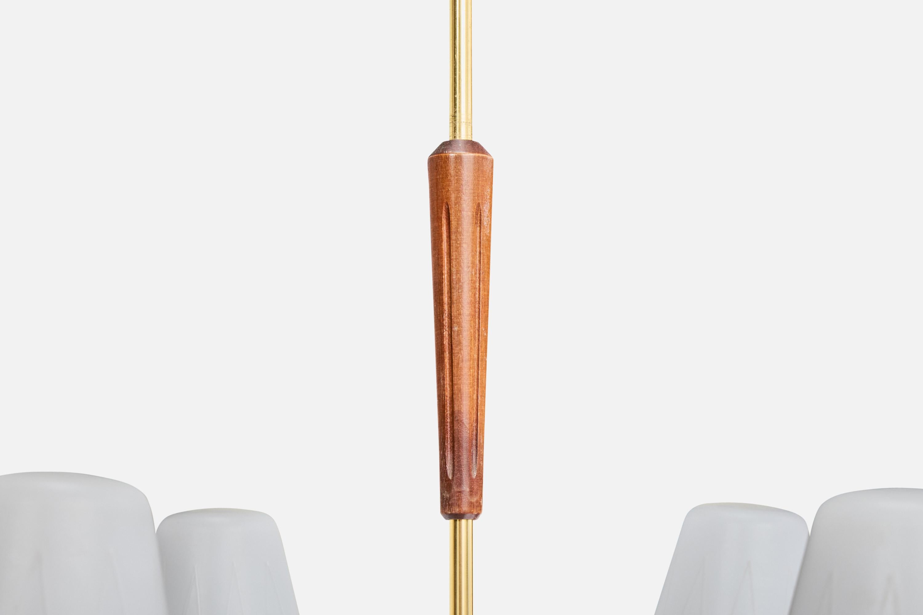 Designer suédois, lustre, laiton, bois, verre, Suède, années 1950 en vente 2