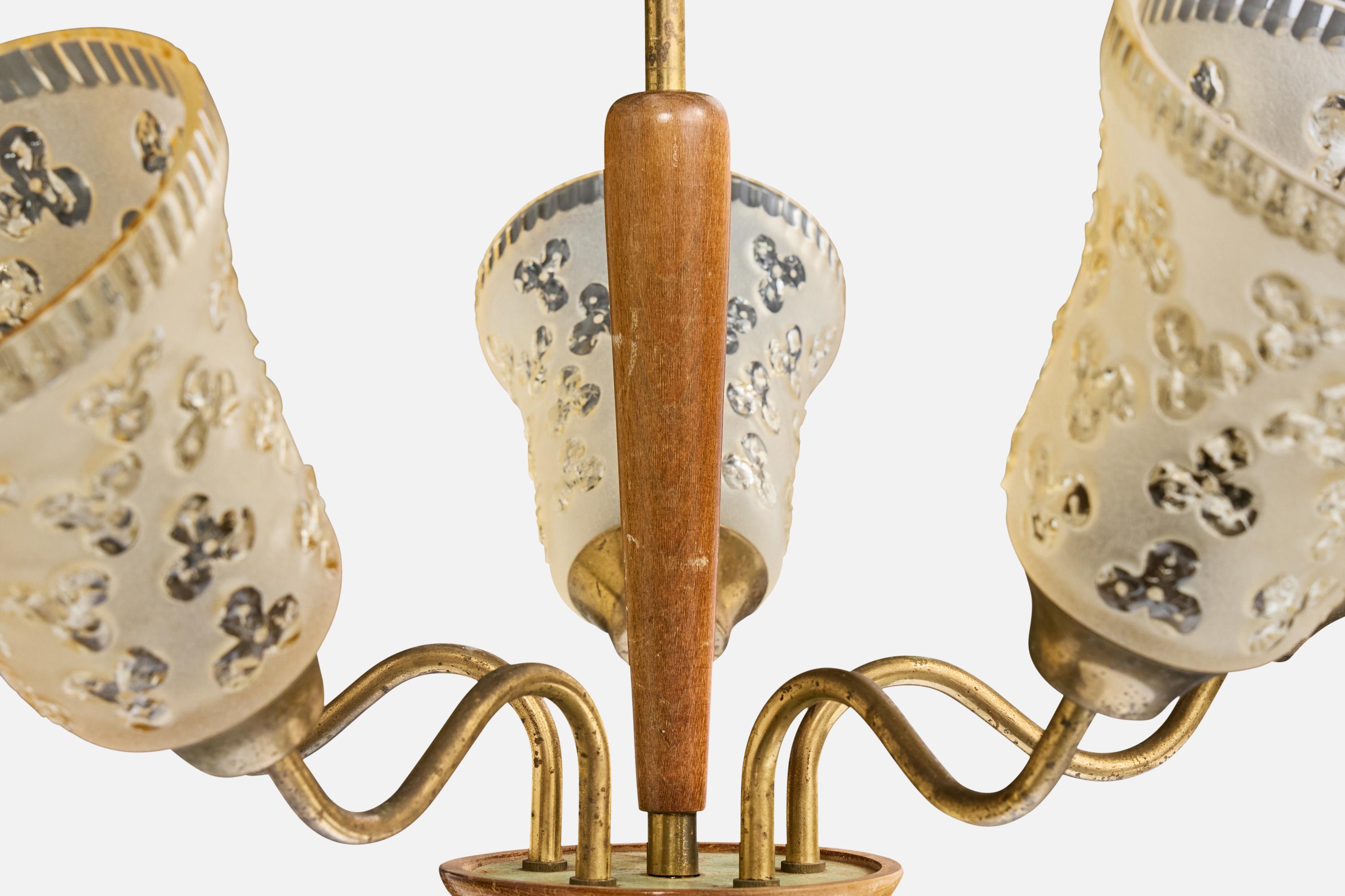 Designer suédois, lustre, laiton, bois, verre, Suède, années 1950 en vente 2