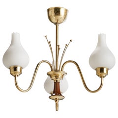 Designer suédois, lustre, laiton, bois, verre, Suède, années 1950
