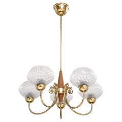 Swedish Designer, Chandelier, Brass, Wood, Glass, Sweden, 1950s