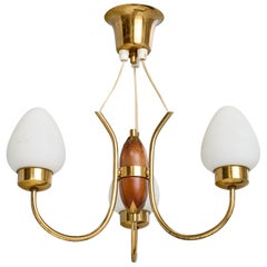 Swedish Designer, Chandelier, Brass, Wood, Glass, Sweden, 1950s