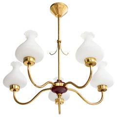Swedish Designer, Chandelier, Brass, Wood, Glass, Sweden, 1950s