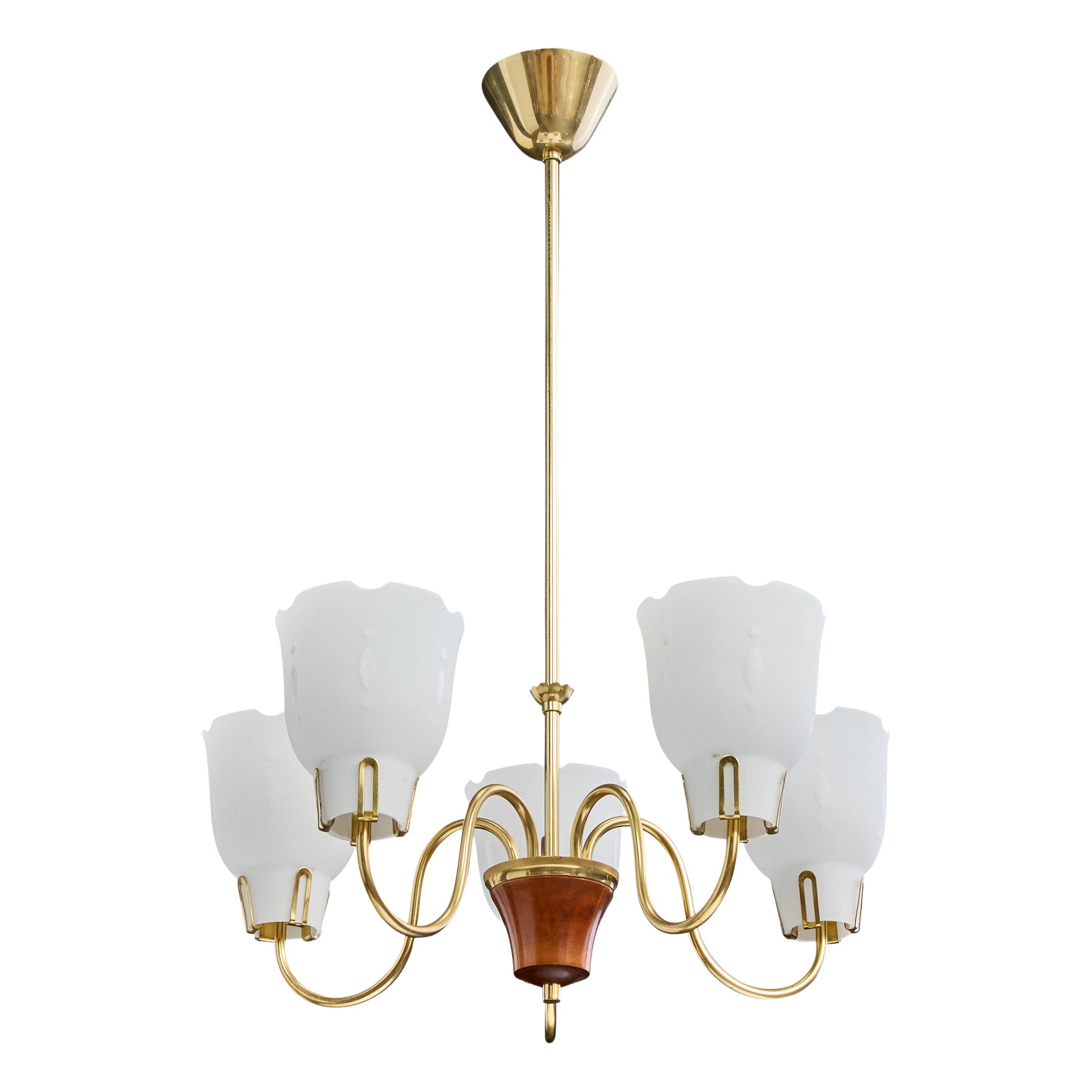 Swedish Designer, Chandelier, Brass, Wood, Glass, Sweden, 1950s