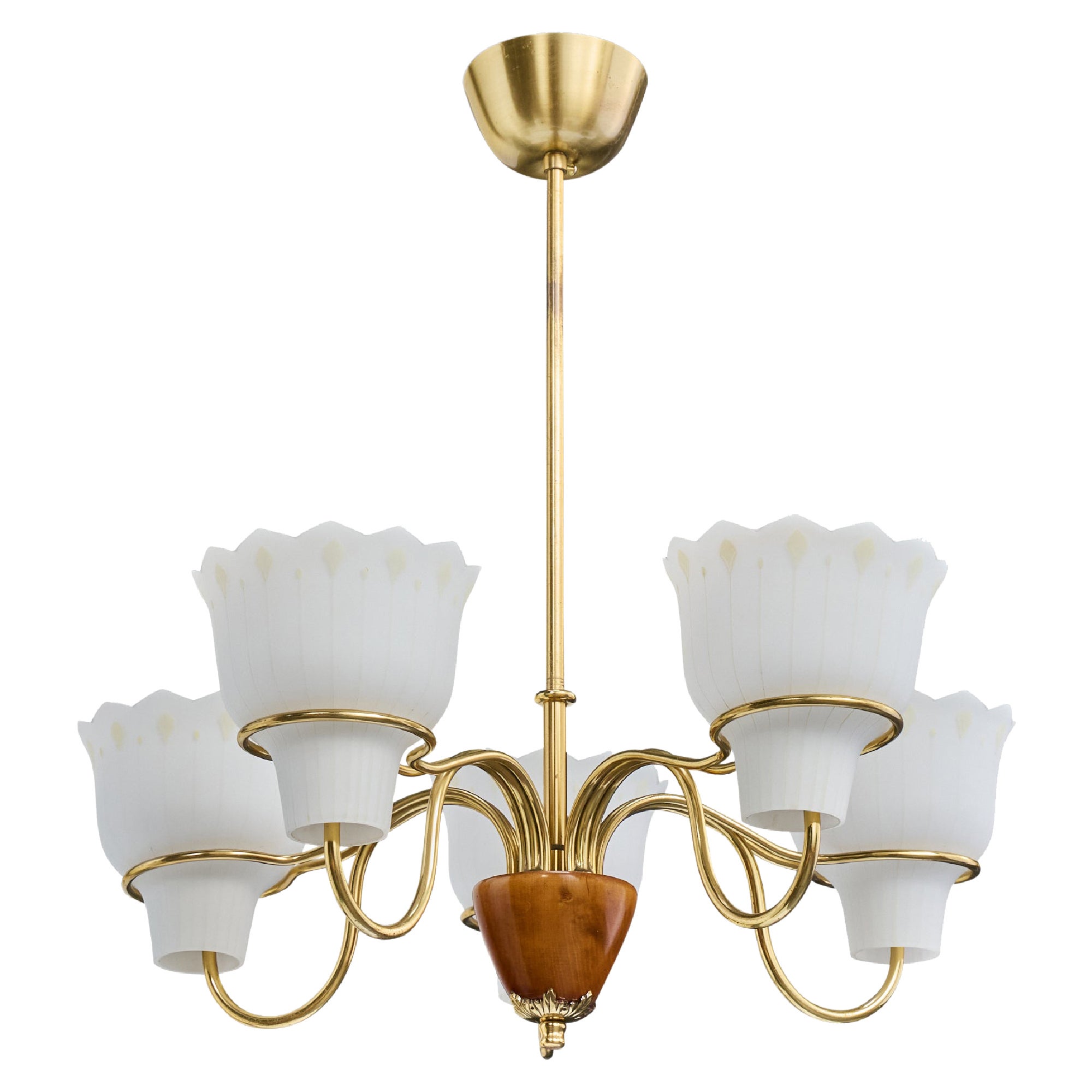 Swedish Designer, Chandelier, Brass, Wood, Glass, Sweden, 1950s