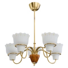 Swedish Designer, Chandelier, Brass, Wood, Glass, Sweden, 1950s