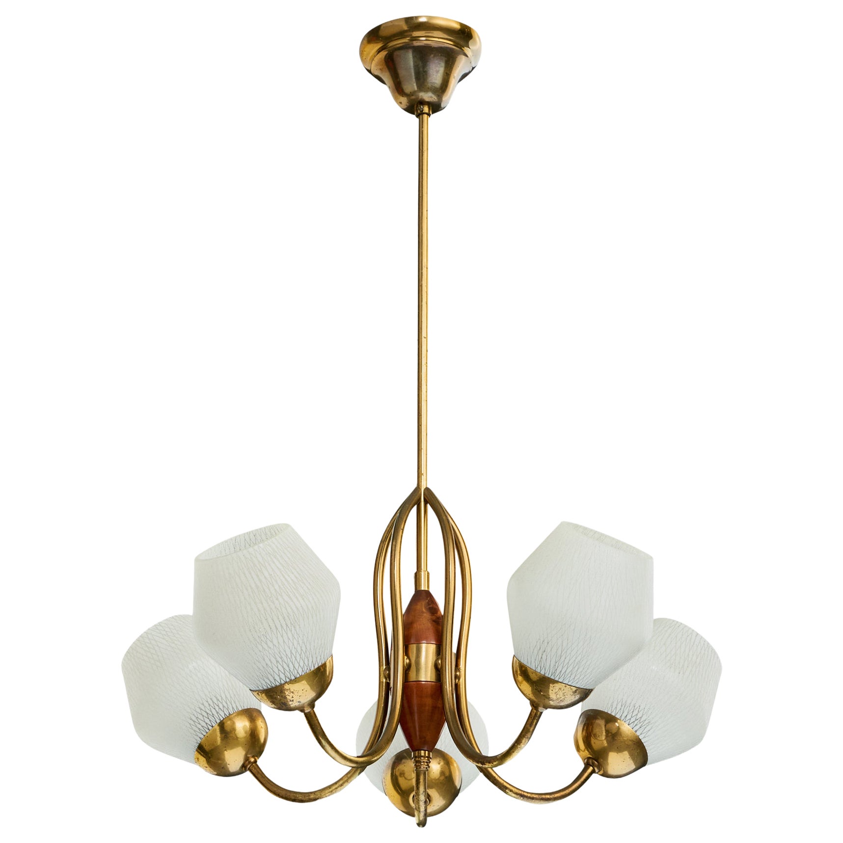 Swedish Designer, Chandelier, Brass, Wood, Glass, Sweden, 1950s