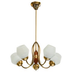 Swedish Designer, Chandelier, Brass, Wood, Glass, Sweden, 1950s