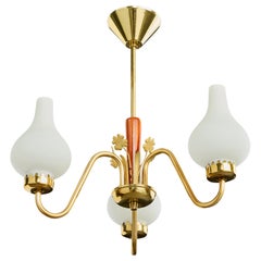 Swedish Designer, Chandelier, Brass, Wood, Glass, Sweden, 1950s