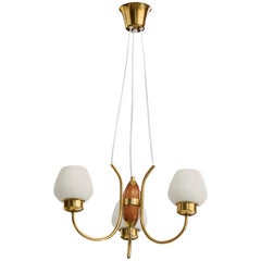 Swedish Designer, Chandelier, Brass, Wood, Glass, Sweden, 1950s