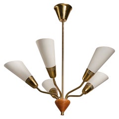 Swedish Designer, Chandelier, Brass, Wood, Glass, Sweden, 1950s