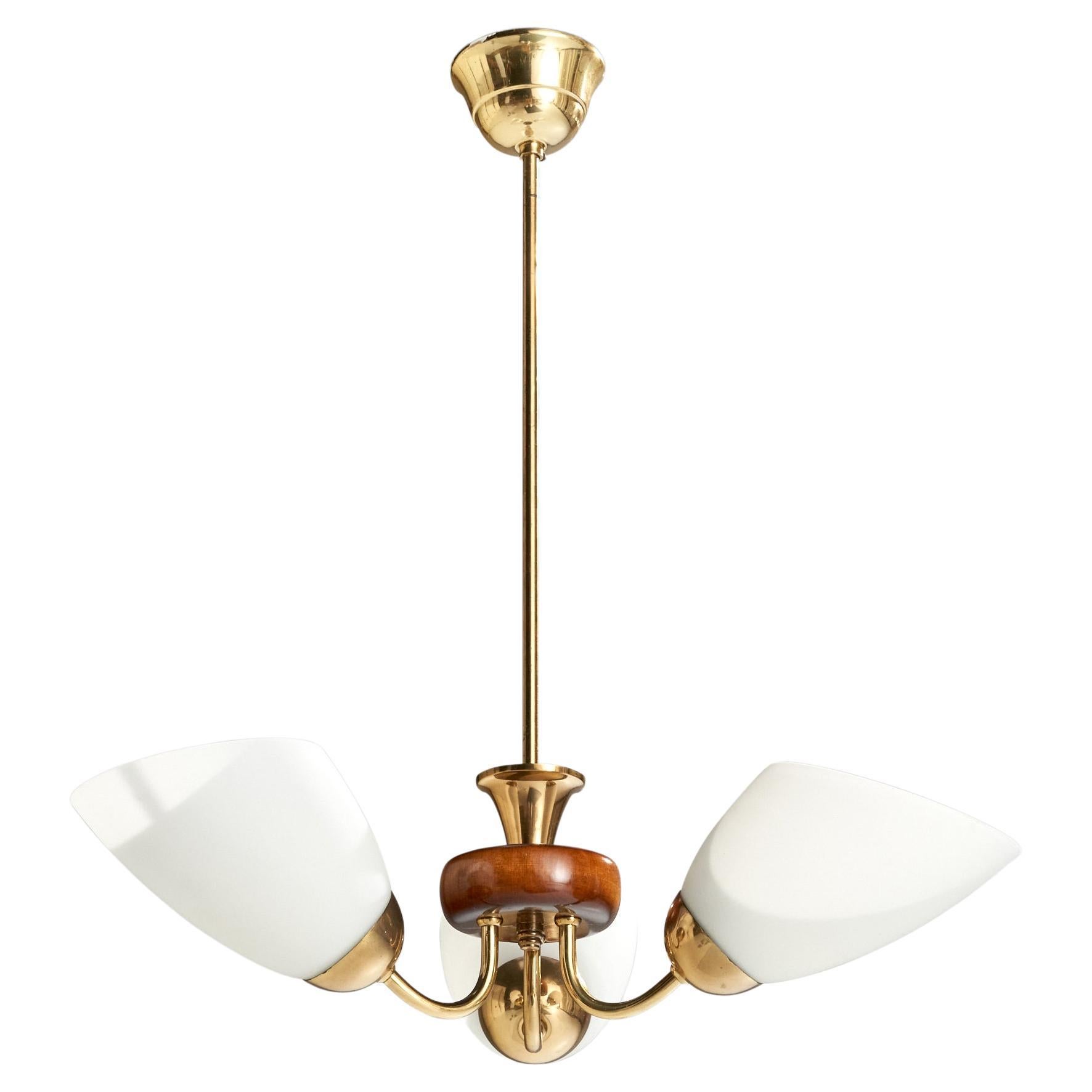 Swedish Designer, Chandelier, Brass, Wood, Glass, Sweden, 1950s