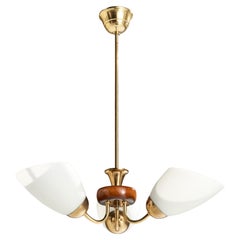 Swedish Designer, Chandelier, Brass, Wood, Glass, Sweden, 1950s