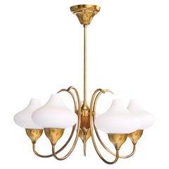 Swedish Designer, Chandelier, Brass, Wood, Glass, Sweden, 1950s