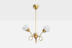Swedish Designer, Chandelier, Brass, Wood, Glass, Sweden, 1950s