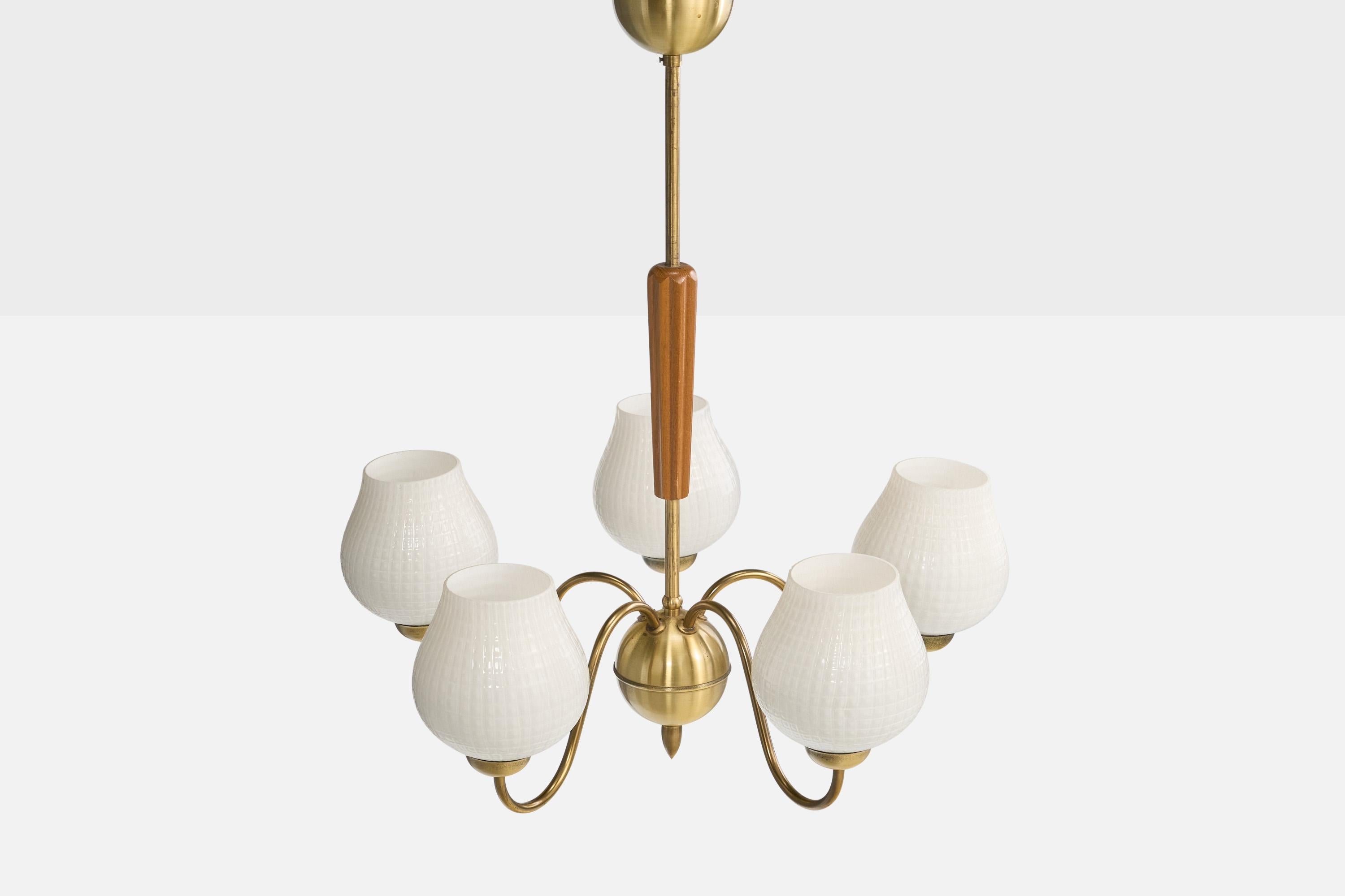 Swedish Designer, Chandelier, Brass, Wood, Glass, Sweden, 1960s In Good Condition For Sale In High Point, NC