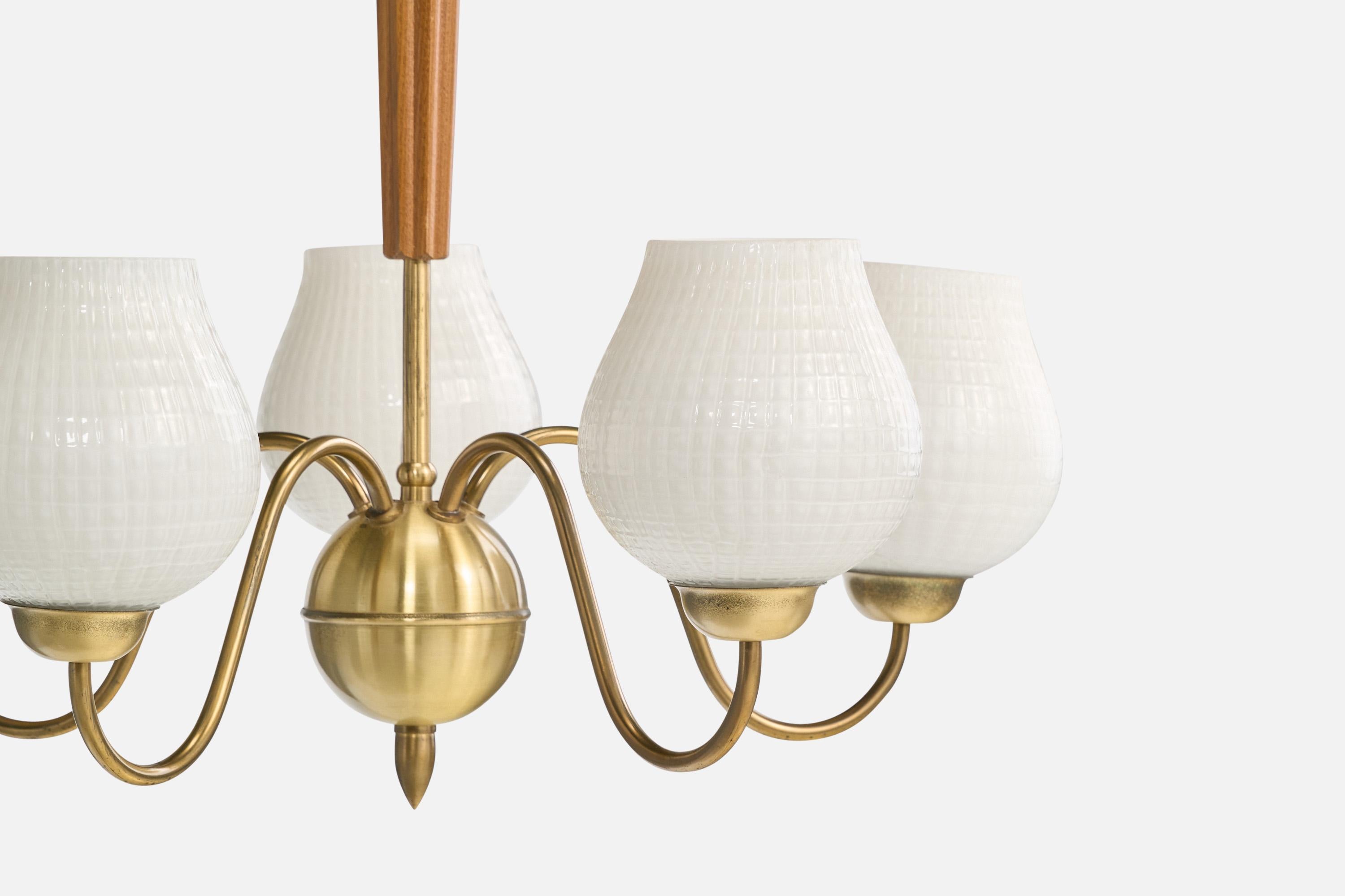 Mid-20th Century Swedish Designer, Chandelier, Brass, Wood, Glass, Sweden, 1960s For Sale