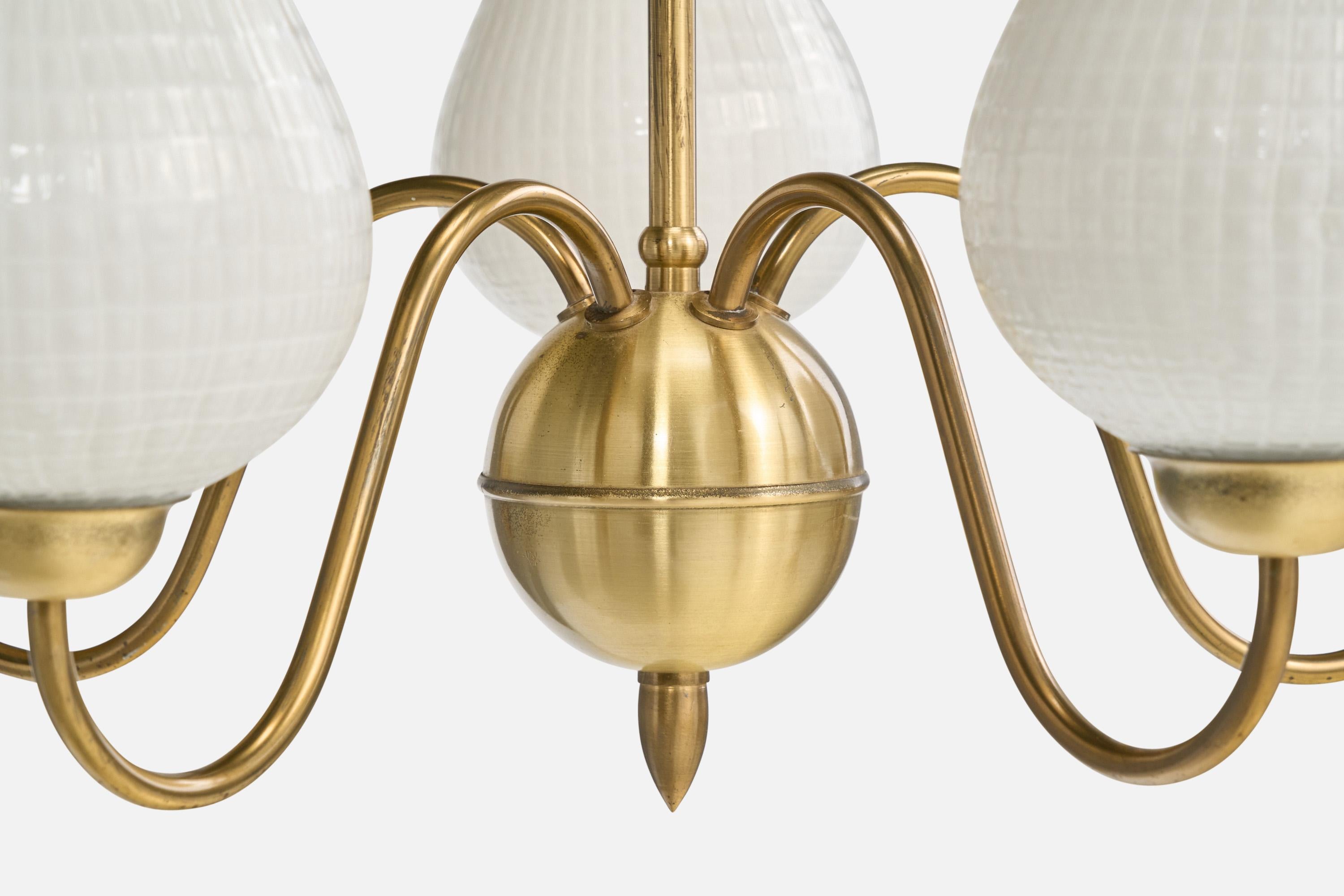 Swedish Designer, Chandelier, Brass, Wood, Glass, Sweden, 1960s For Sale 1